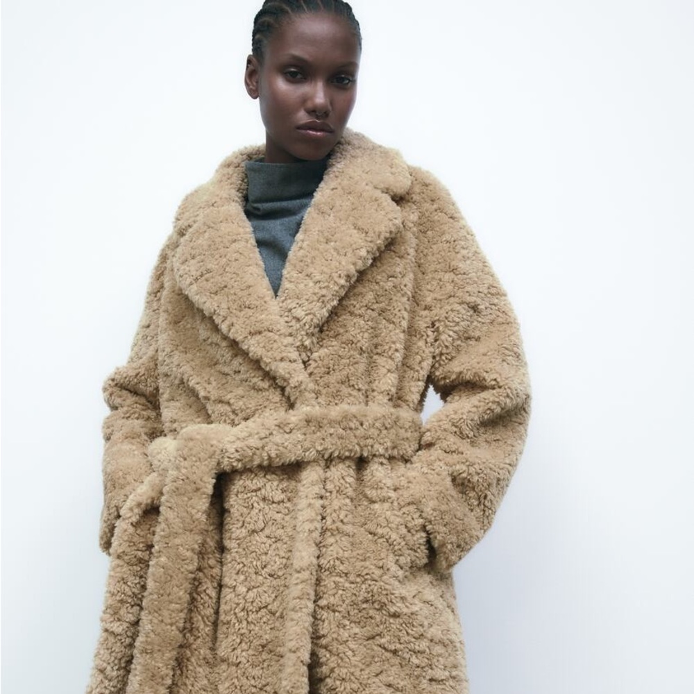 Zara NWT LONG FLEECE FAUX SHEARLING FUR COAT WITH BELT & LAPEL COLLAR 4360/247